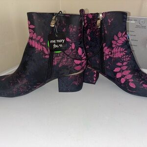 Liz Claiborne Gina Womens 7M Black Pink Brocade Block Heel Zip Ankle Boots Shoes